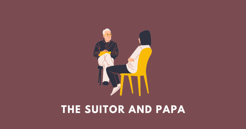 The suitor and papa. Two man talking.