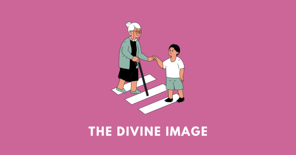 a child helping an old person cross the street, illustrating the poem "the divine image"