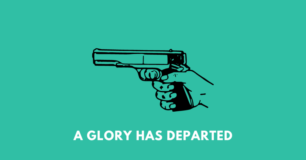 a hand holding a pistol, illustrating the prose A Glory has Departed